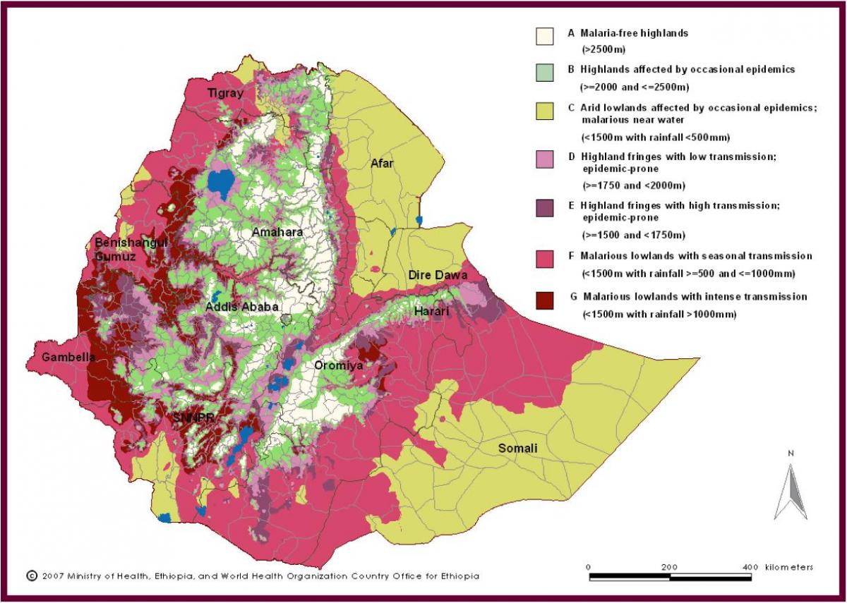 žemėlapis Etiopija maliarija