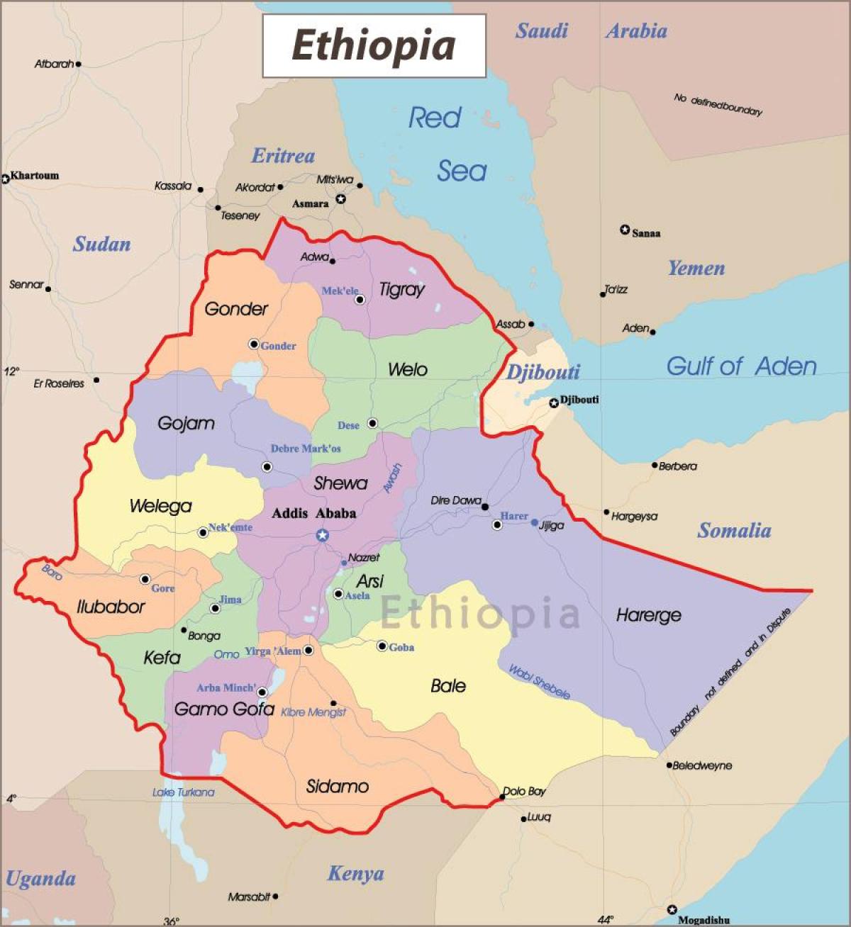 Etiopija žemėlapis, kuriame miestų