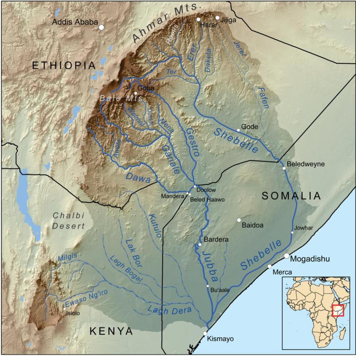 Etiopijos upių baseinų žemėlapį